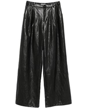 ELEH Pleated Leather Palazzo Trousers - Black