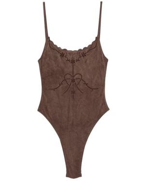 Frankie's Bikinis Juliet Scalloped Embroidered Swimsuit - Brown