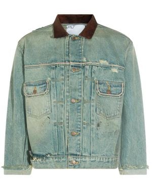 Paly Hollywood Buffalo 66 Distressed Leather-Collar Denim Jacket - Green
