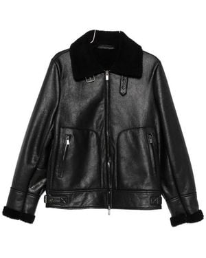 SANTORO Shearling-Collar Leather Jacket - Black