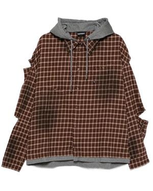 MADFRENZY Check-Pattern Hooded Shirt - Brown