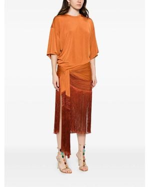 ANDAMANE Fringe-Trimmed Wrap Dress - Orange