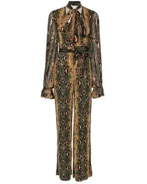 Diane von Furstenberg Lucia Snakeskin-Print Pussy-Bow Jumpsuit - Green