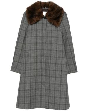 Tela Check Faux-Fur Collar Coat - Gray