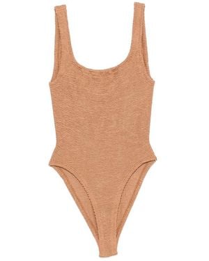 Hunza G Square-Neck Crinkle-Effect Swimsuit - Brown