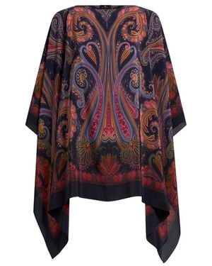 Etro Silk Poncho Top With Paisley Degradé Motif - Blue
