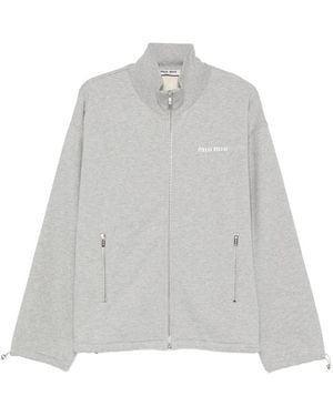 Miu Miu Logo-Embroidered Zip-Up Sweatshirt - Grey