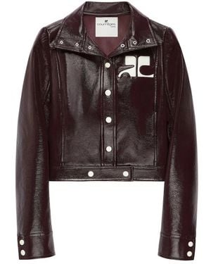Courreges Vinyl-Effect Logo-Plaque Cropped Jacket - Brown