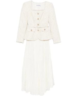 Self-Portrait Bouclé-Knit Pleated Midi Dress - White