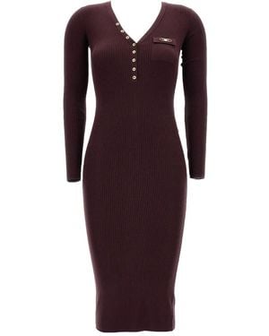 Elisabetta Franchi Ribbed V-Neck Buttoned-Up Dress - Purple