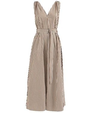 Brunello Cucinelli Striped Wrinkled Poplin Dress With Monili - Natural