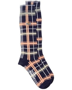 Vivienne Westwood Orb-Embroidered Check-Pattern Socks - Blue