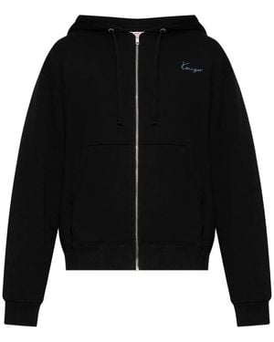 KENZO Logo-Embroidered Zip-Up Hoodie - Black
