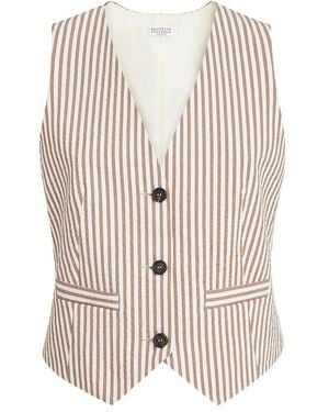 Brunello Cucinelli Techno-Cotton Striped Seersucker Vest With Monili - Natural