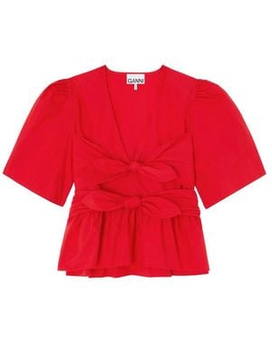 Ganni Bow-Detail Peplum-Hem Blouse - Red