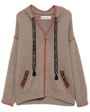 BAZISZT Kafti Embroidered-Stitch Drawstring Hoodie - Brown