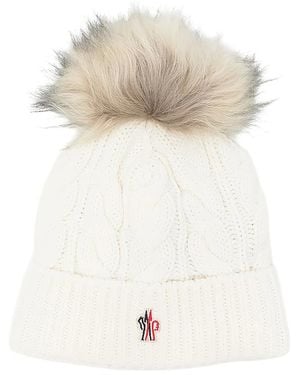 Moncler Cable-Knit Pompom Beanie Hat - White