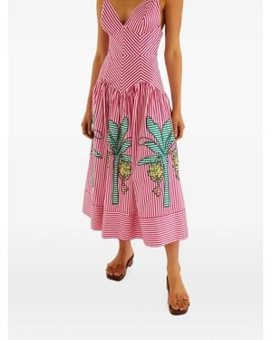 FARM Rio Palm Tree-Embroidered Striped Midi Dress - Pink