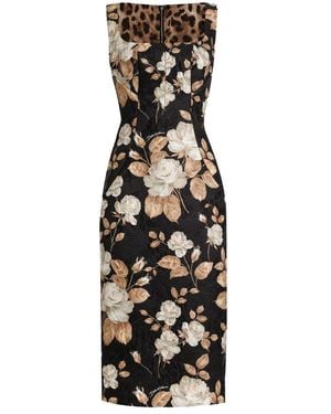 Dolce & Gabbana Rose-Print Square-Neck Midi Dress - Black