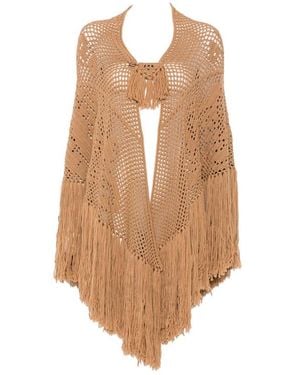 Chiara Is Peonia Fringed-Trim Crochet-Knit Poncho - Brown