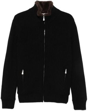 Barba Napoli Ribbed-Knit Faux-Fur-Trim Jacket - Black