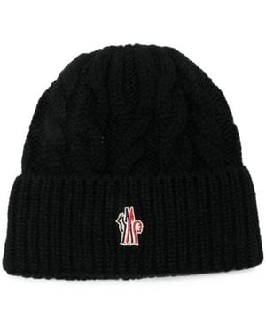 Moncler Cable-Knit Logo-Patch Beanie Hat - Black
