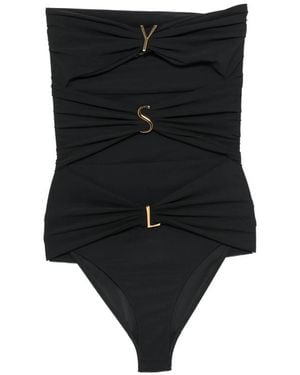 Saint Laurent Logo-Plaque Gathered Swimsuit - Black