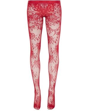 McQueen Floral-Lace Tights - Red