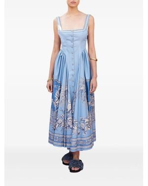 ALÉMAIS Villa Romantica Buttoned-Floral Midi Dress - Blue