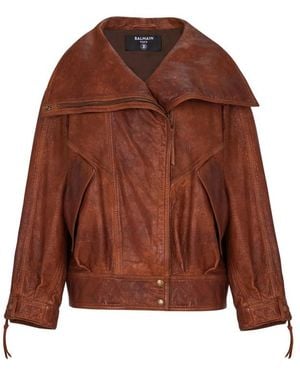 Balmain Zip Lambskin Bomber Jacket - Brown