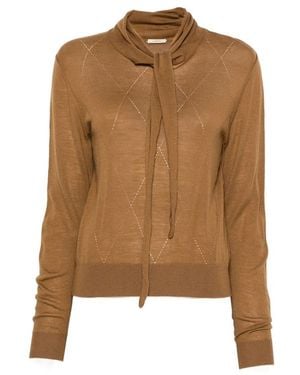 LAMRONS Pussy-Bow Pointelle-Knit Jumper - Brown
