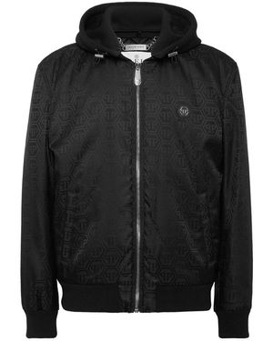 Philipp Plein Logo-Pattern Hooded Bomber Jacket - Black
