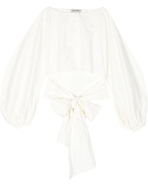 Del Core Boat-Neck Tie-Waist Poplin Top - White