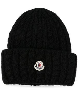 Moncler Cable-Knit Logo-Patch Beanie Hat - Black