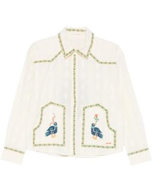 Mother Bird Embroidery Button-Down Top - White
