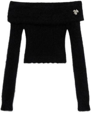 Blumarine Floral-Appliqué Off-Shoulder Top - Black