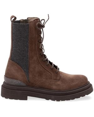 Brunello Cucinelli Lace-Up Leather Boots With Monili Detail Calf - Brown