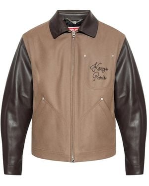 KENZO Leather-Sleeved Embroidered Jacket - Grey