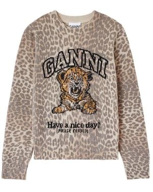 Ganni Leopard-Intarsia Sweater - Gray