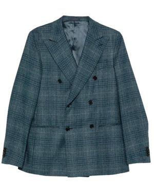 Caruso Double-Breasted Checked Blazer - Blue