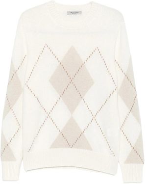 La Fileria Argyle-Pattern Crew Neck Jumper - White