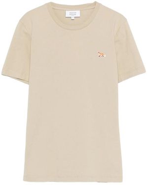 Maison Kitsuné Crew Neck T-Shirt With Embroidered Motif - Natural