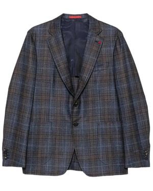Isaia Check-Pattern Single-Breasted Blazer - Blue