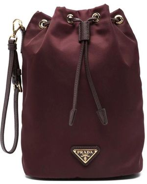 Prada Drawstring Metal-Logo Bucket Bag - Purple