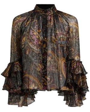 Etro Silk Shirt With Ruffle And Striped Floral Paisley Motif - Brown