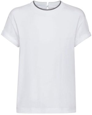 Brunello Cucinelli Embroidered Collar Cotton T-Shirt - White