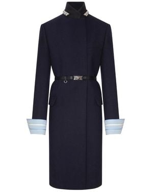Prada Long Wool Coat With Belt And Jewel Collar - Blue