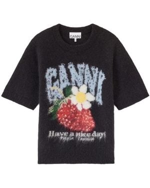 Ganni Brushed Short-Sleeve Sweater - Black