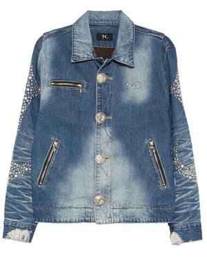 THUG CLUB Studded Faded Denim Jacket - Blue