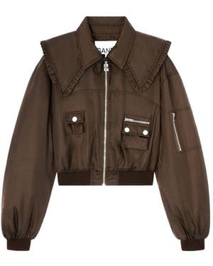 Ganni Ruffled-Detail Bomber Jacket - Brown
